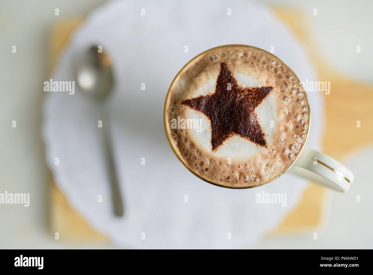 Directly Above View Of Hot Mint Chocolate With Star Shape Stock Photo