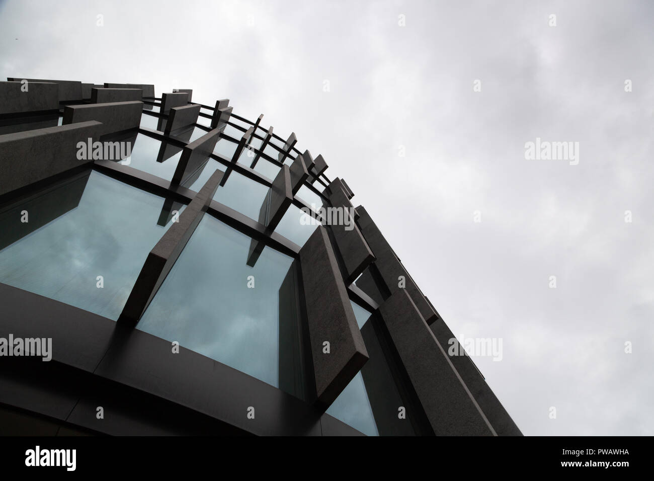 Wide angle abstract background view of steel light blue high rise ...
