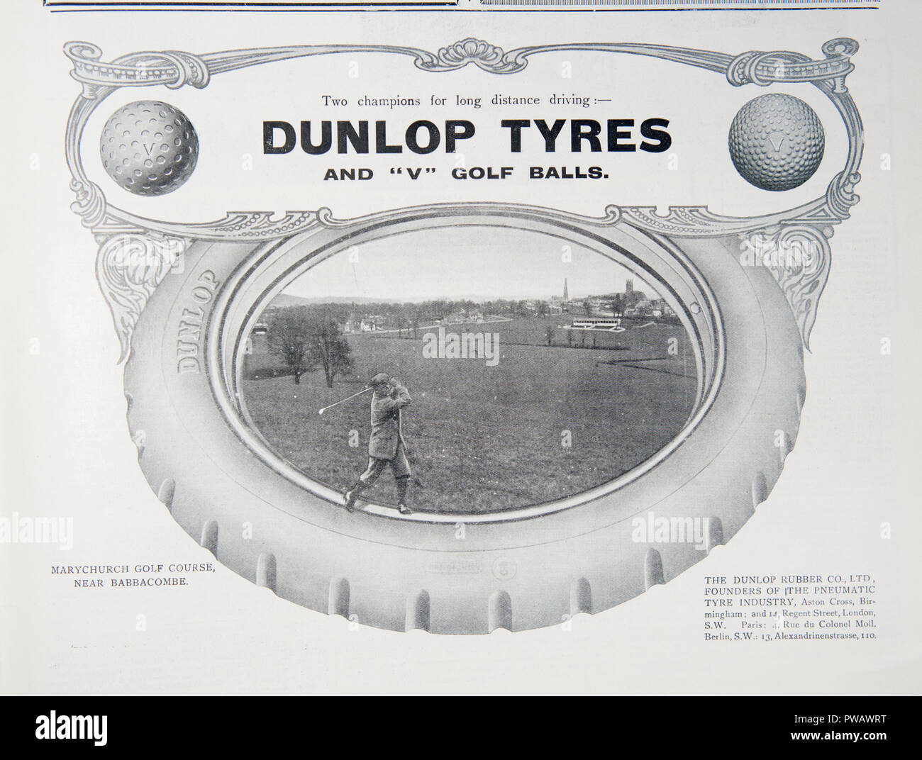 An advert for Dunlop tyres and golfballs. From an old magazine from the 1914-1918 period. England UK GB Stock Photo