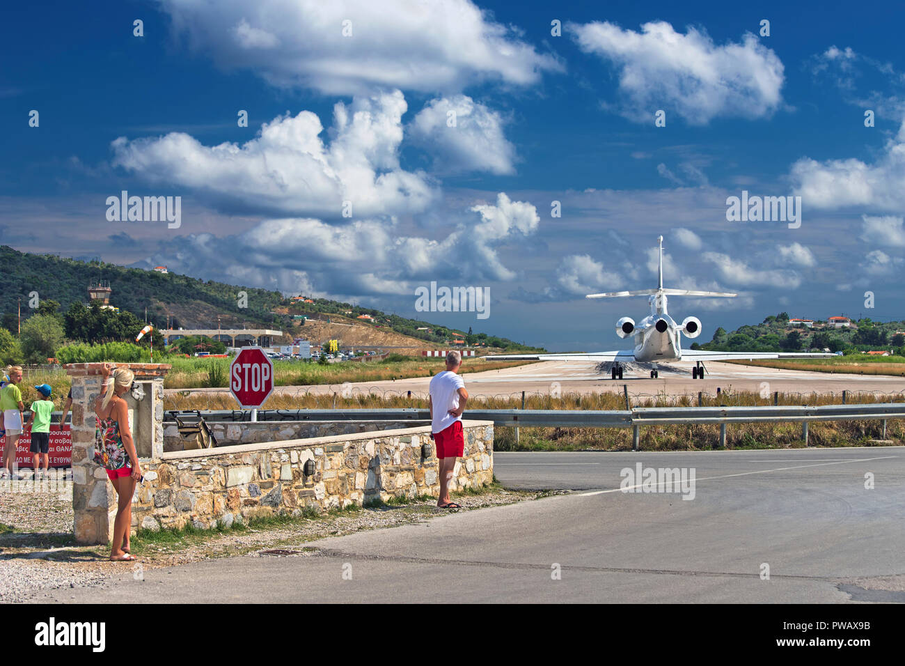 Airplane ready for take off at the airport of Skiathos island, North Sporades, Magnesia, Thessaly, Greece. Stock Photo