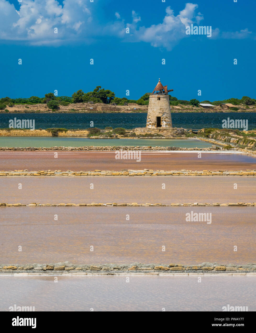Salt flats at the natural reserve of the 'Saline dello Stagnone' near Marsala and Trapani, Sicily. Stock Photo