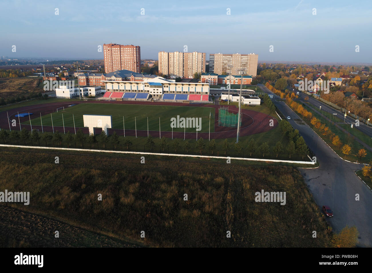 Aerial landscape view of urban real estate and The Sports Complex 'Podolye'. Beautiful landscape view from birds sight. Yerino district, Podolsk, Russ Stock Photo