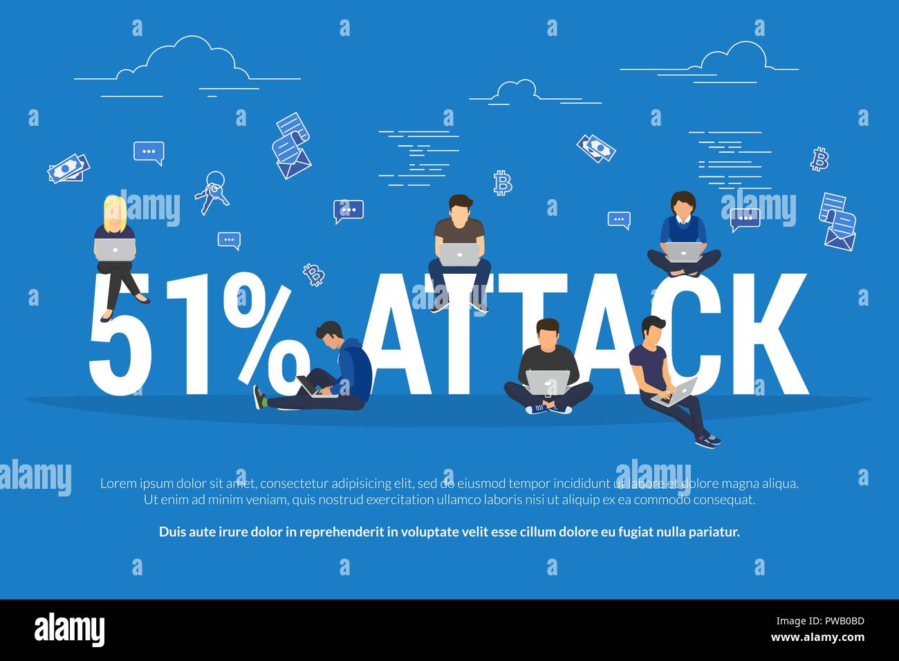51 percent attack concept flat vector illustration of stealing  cryptocurrency or other blockchain-based currency. Group of miners sitting  on letters d Stock Vector Image & Art - Alamy