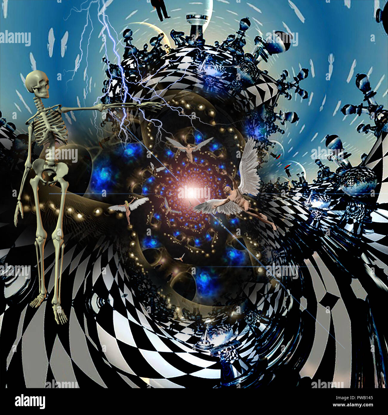 Spiritual composition symbolizes The Game of Life and Death. Skeleton and chess pieces, winged