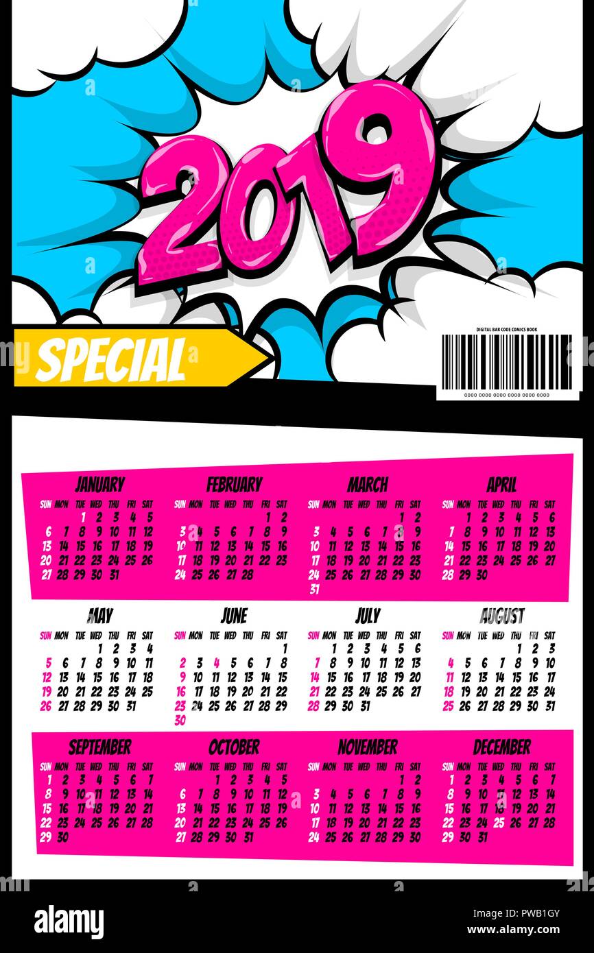 2019 retro super hero calendar pop art Stock Vector