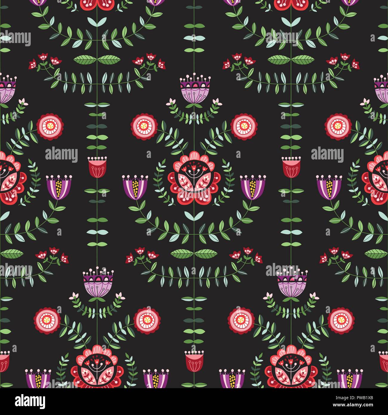 Modern Bright Folk Flowers on Dark Background Vector Seamless Pattern ...