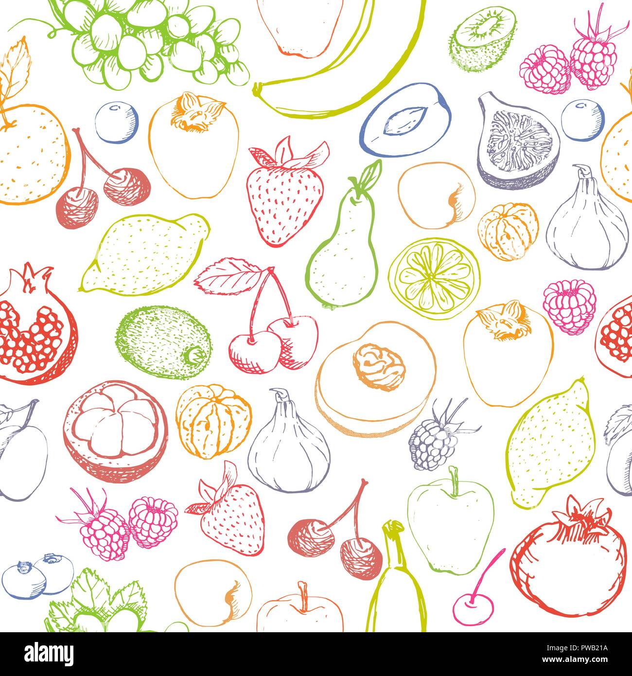 Fruits and berries seamless pattern. Vector fruits pattern. Raw vegan seamless background. Stock Vector