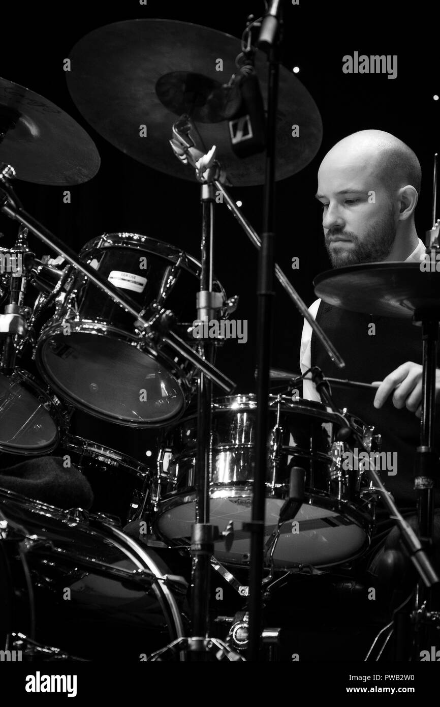 Jazz drummer George Hart solo's with Matt Ridley quartet, Scarborough Jazz Festival 2018 Stock Photo
