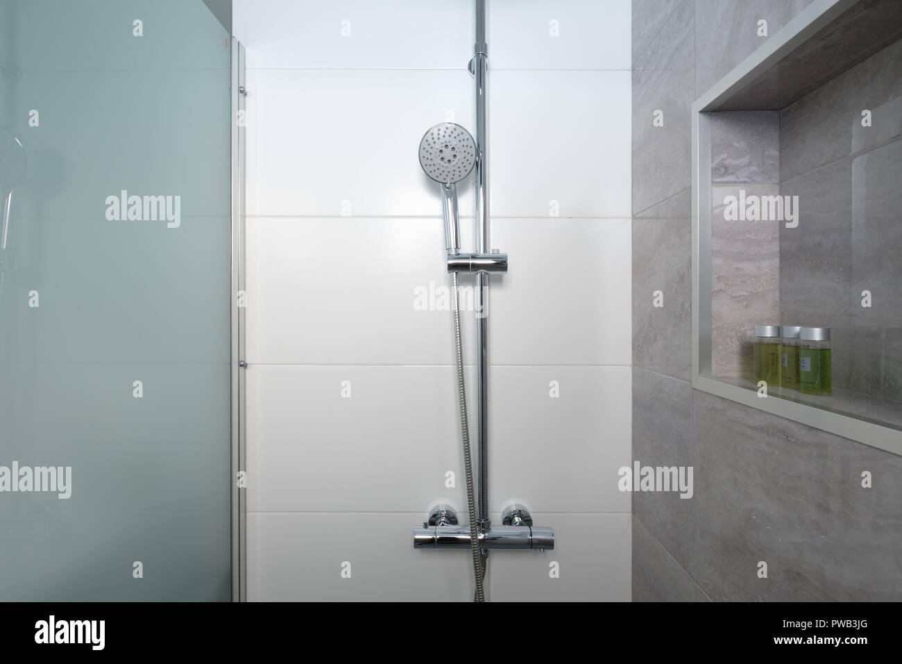 Stainless steel shower head with modern contemporary design Stock Photo