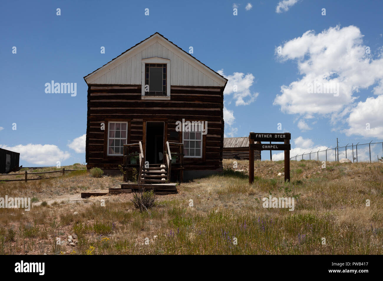 Father Dyer's Chapel, historic building in South Park City Museum, Colorado. Dedicated to the memory of John Lewis Dyer. Stock Photo