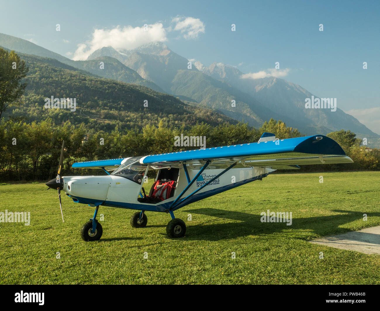 Light aircraft at a small airfield in the town of Fenis in the Aosta Valley region NW Italy. Stock Photo