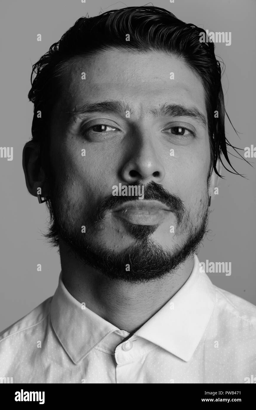 Face of handsome man in black and white Stock Photo