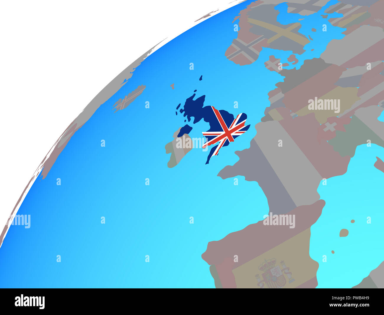 United Kingdom with embedded national flag on globe. 3D illustration ...