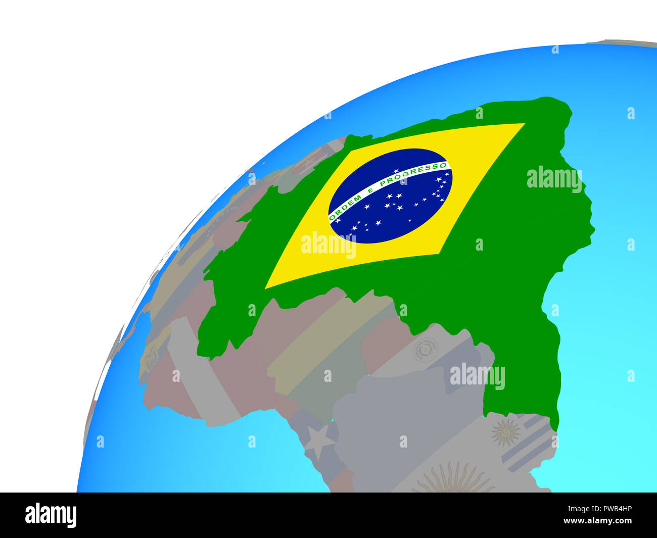 Brazil with embedded national flag on globe. 3D illustration Stock ...