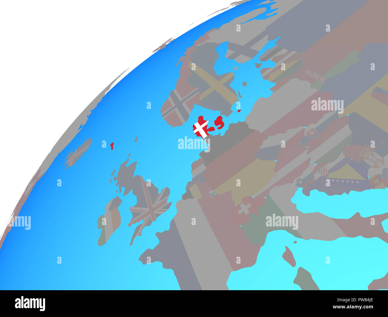 Denmark with embedded national flag on globe. 3D illustration Stock ...