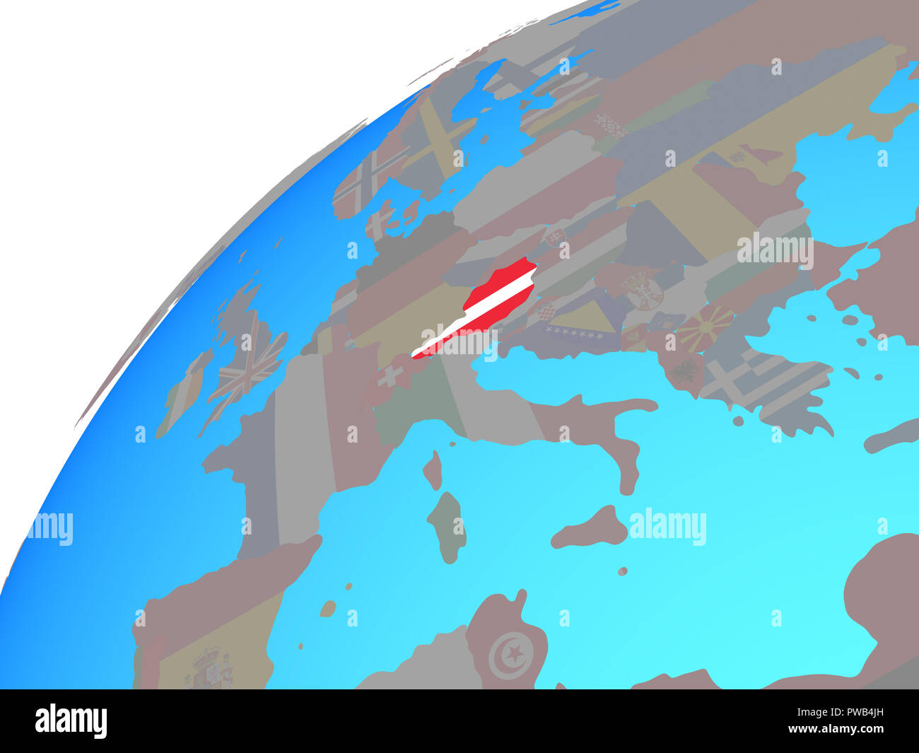 Austria with embedded national flag on globe. 3D illustration Stock ...