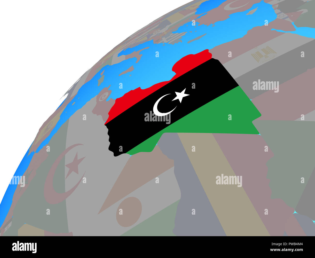 Libya with embedded national flag on globe. 3D illustration Stock Photo ...