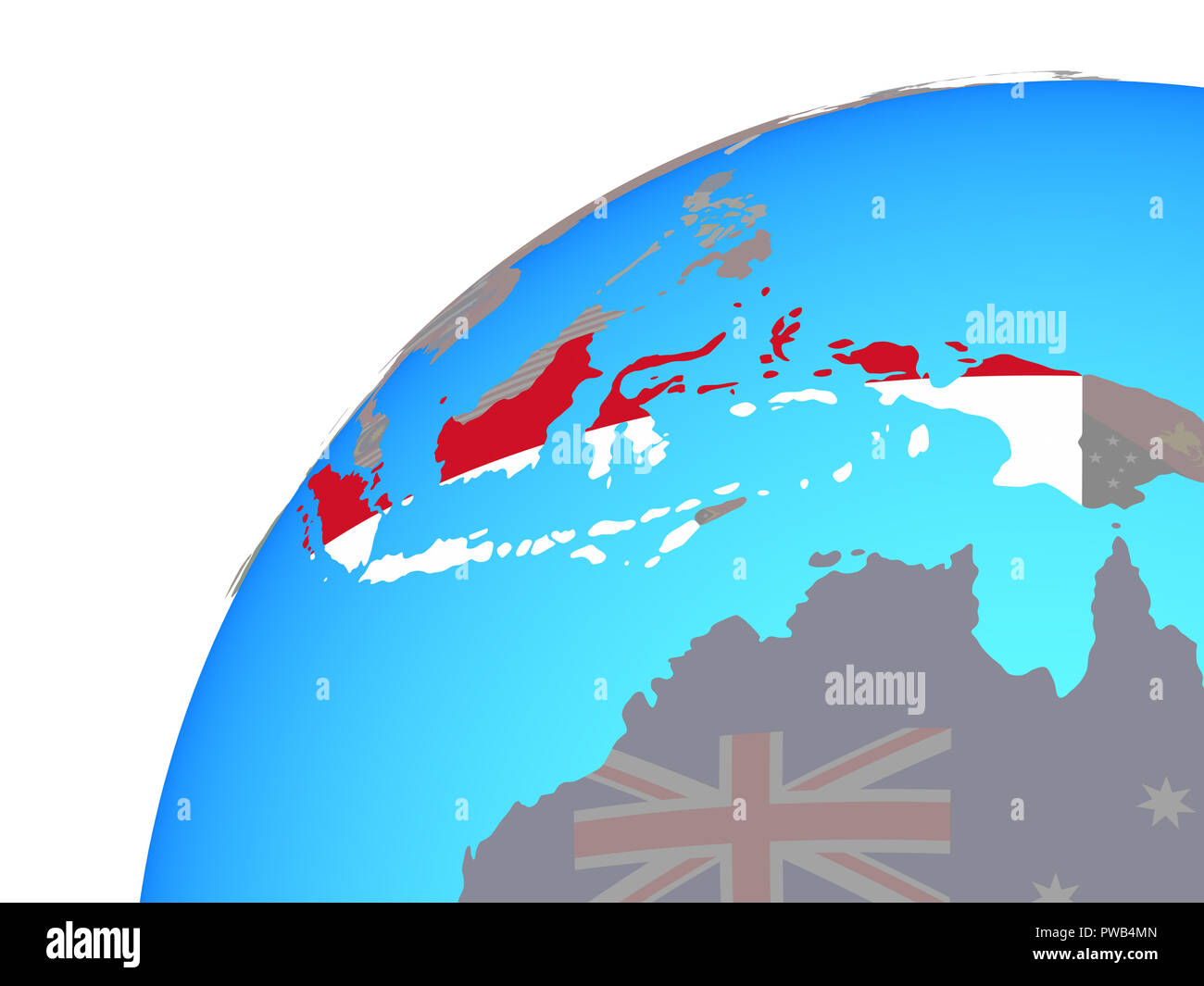 Indonesia with embedded national flag on globe. 3D illustration. Stock Photo