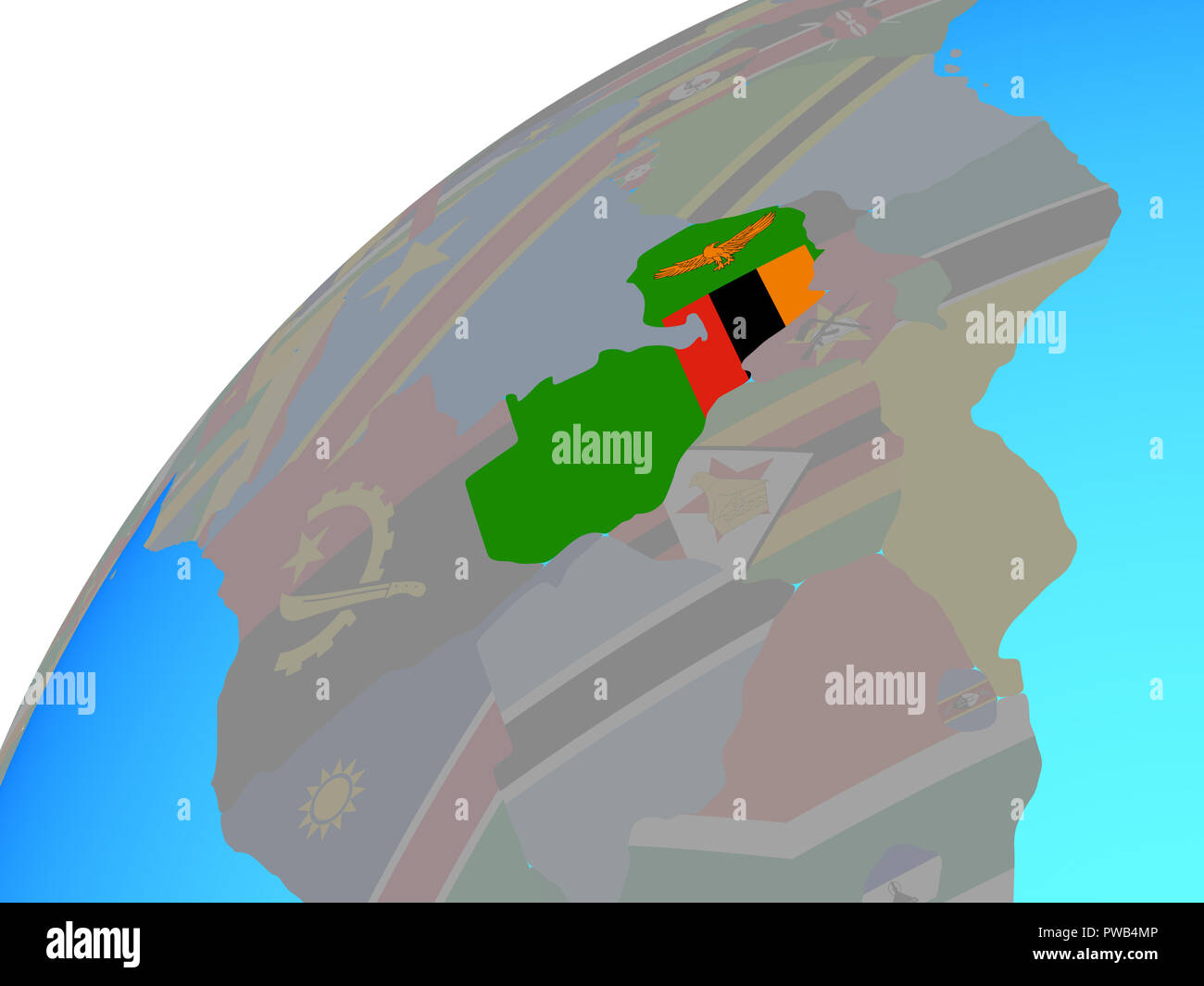 Zambia with embedded national flag on globe. 3D illustration Stock ...