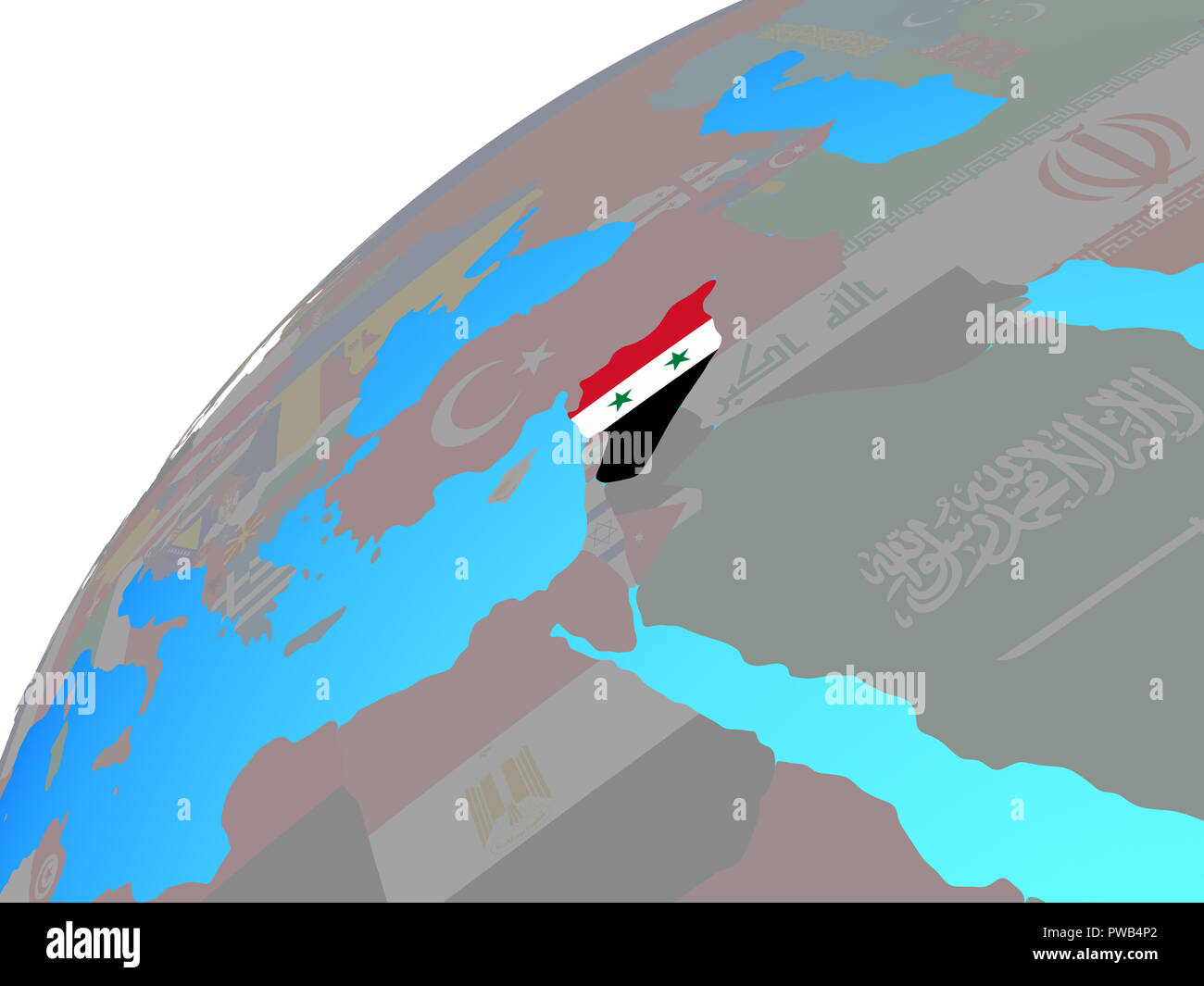 Syria with embedded national flag on globe. 3D illustration Stock Photo ...