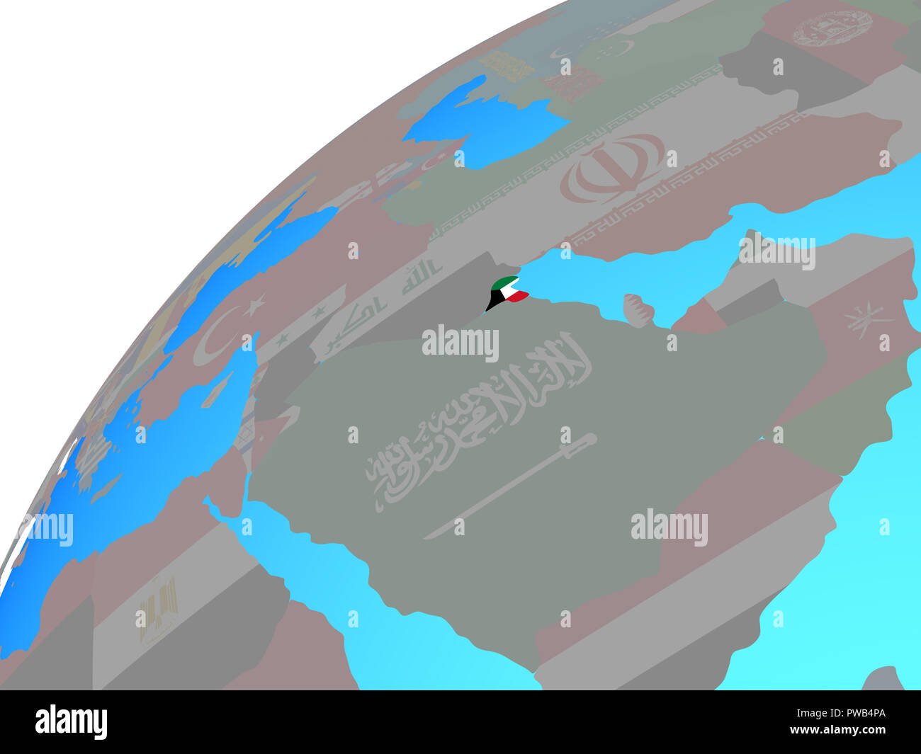 Kuwait with embedded national flag on globe. 3D illustration Stock ...