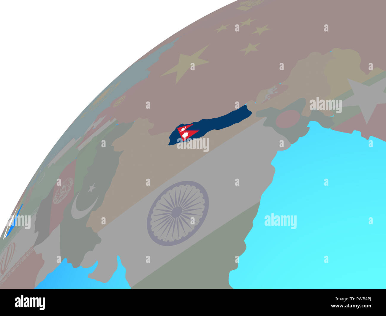 Nepal with embedded national flag on globe. 3D illustration Stock Photo ...