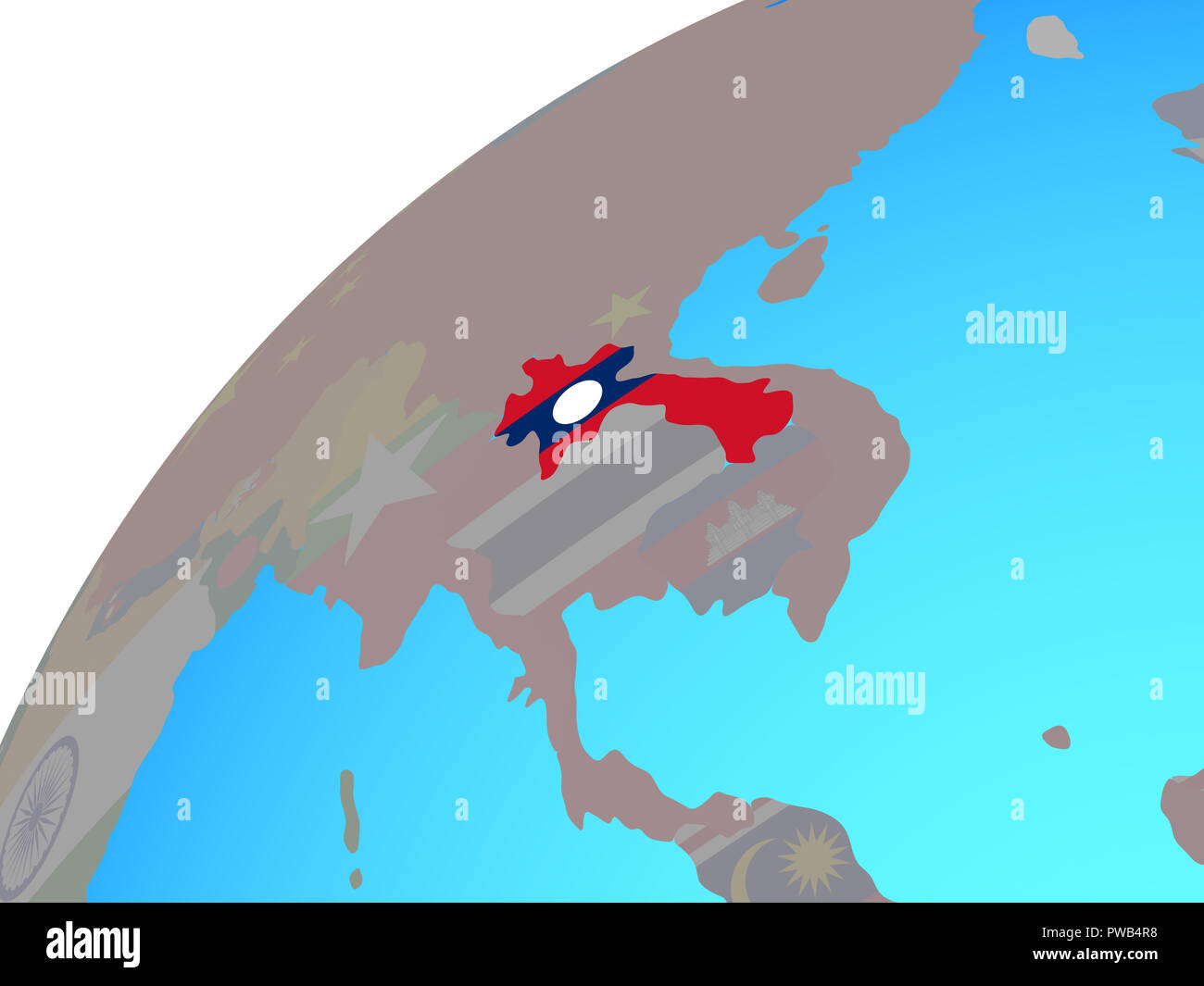 Laos with embedded national flag on globe. 3D illustration Stock Photo ...