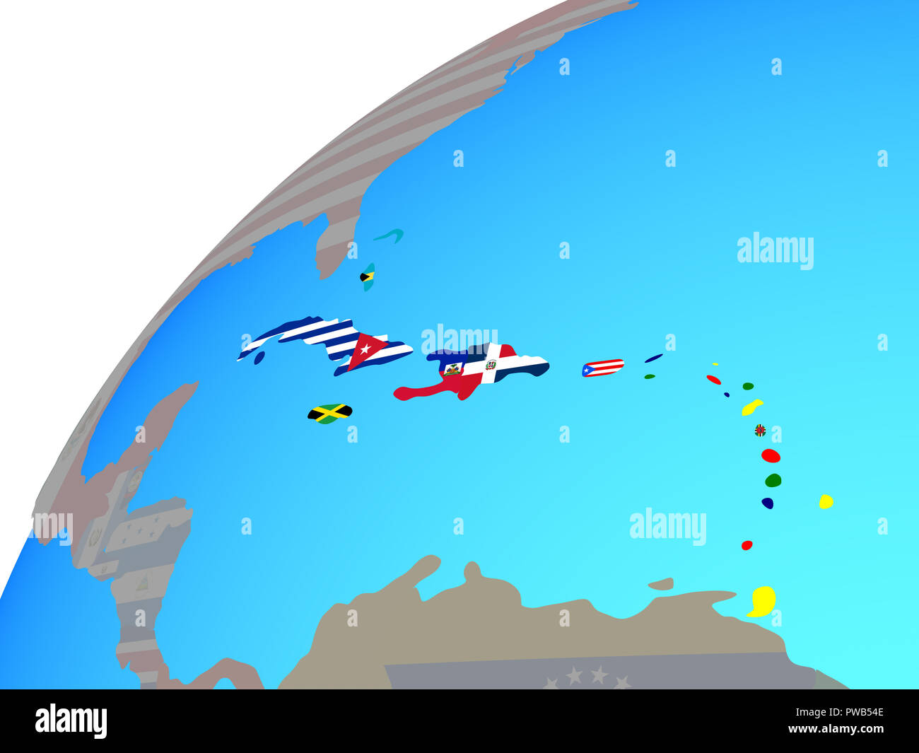 Caribbean with embedded national flags on globe. 3D illustration Stock ...