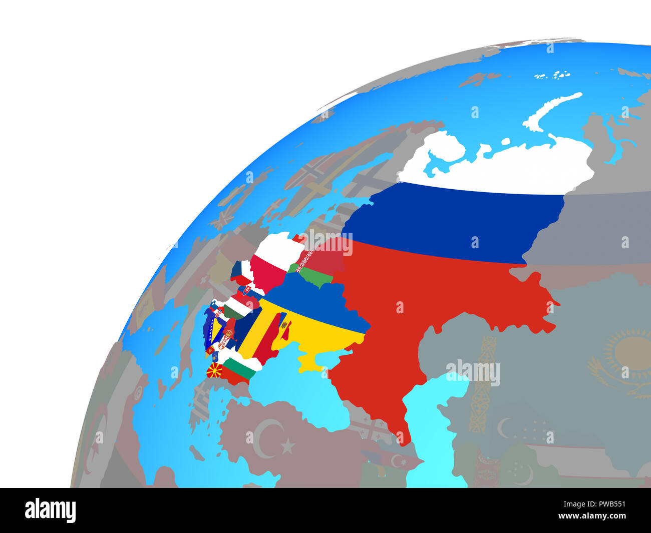 Eastern Europe with embedded national flags on globe. 3D illustration