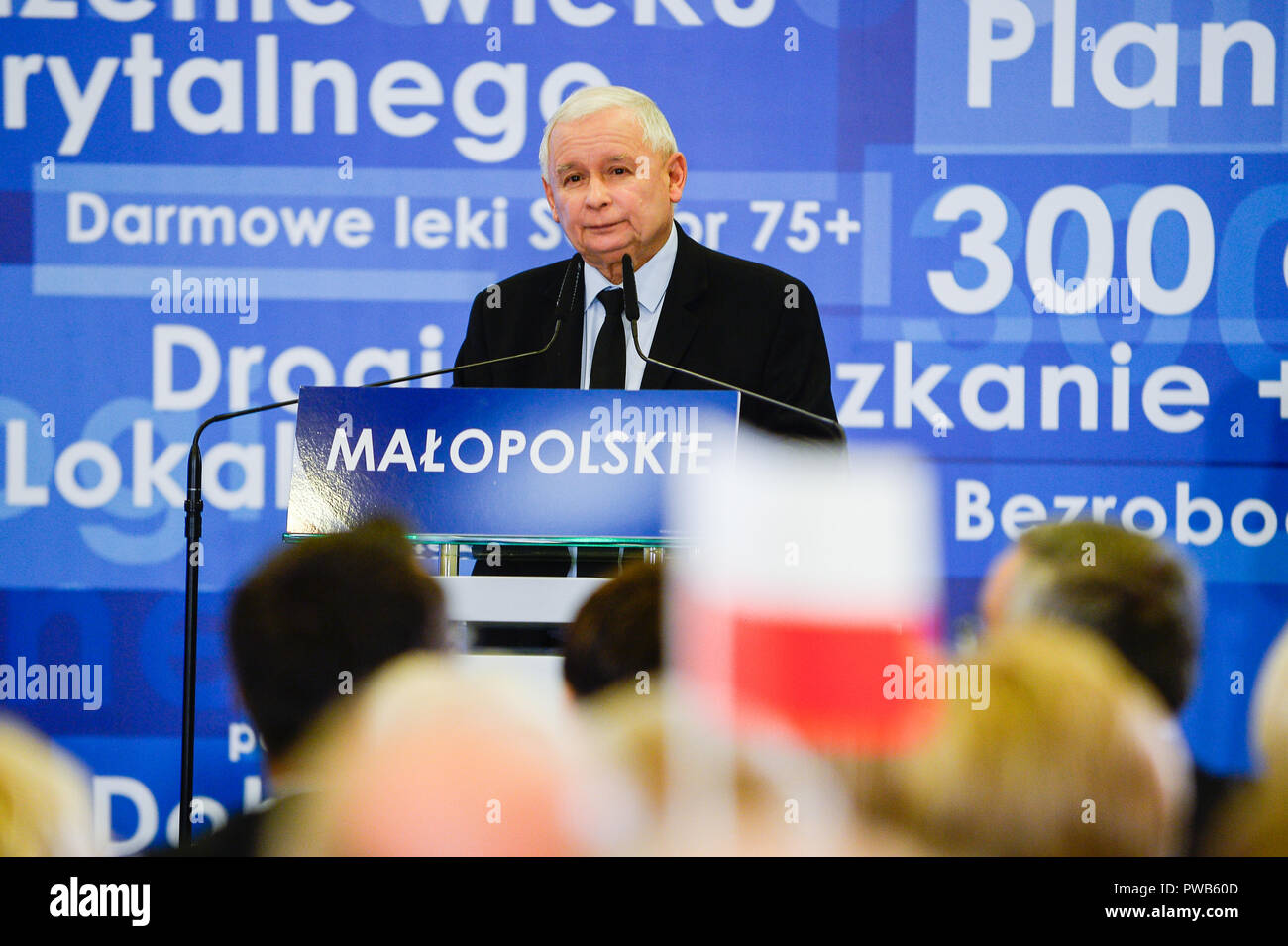Krakow, Poland . 14th Oct, 2018. The leader of the Law and Justice party and the most powerful politician in Poland, Jaroslaw Kaczynski speaks during the Law and Justice Convention in Krakow ahead of the local elections at Holiday Inn Hotel. Credit: SOPA Images Limited/Alamy Live News Stock Photo