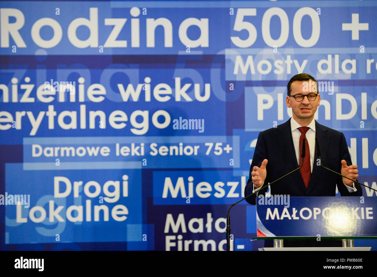 Krakow, Poland . 14th Oct, 2018. The Prime Minister of Poland, Mateusz Morawiecki speaks during the Law and Justice Convention in Krakow ahead of the local elections at Holiday Inn Hotel. Credit: SOPA Images Limited/Alamy Live News Stock Photo
