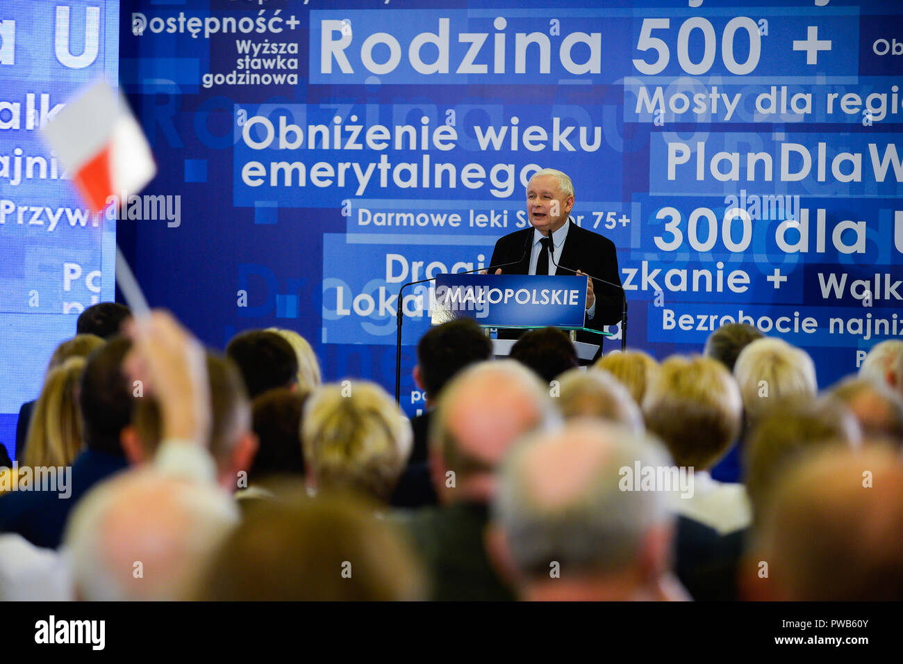 Krakow, Poland . 14th Oct, 2018. The leader of the Law and Justice party and the most powerful politician in Poland, Jaroslaw Kaczynski speaks during the Law and Justice Convention in Krakow ahead of the local elections at Holiday Inn Hotel. Credit: SOPA Images Limited/Alamy Live News Stock Photo