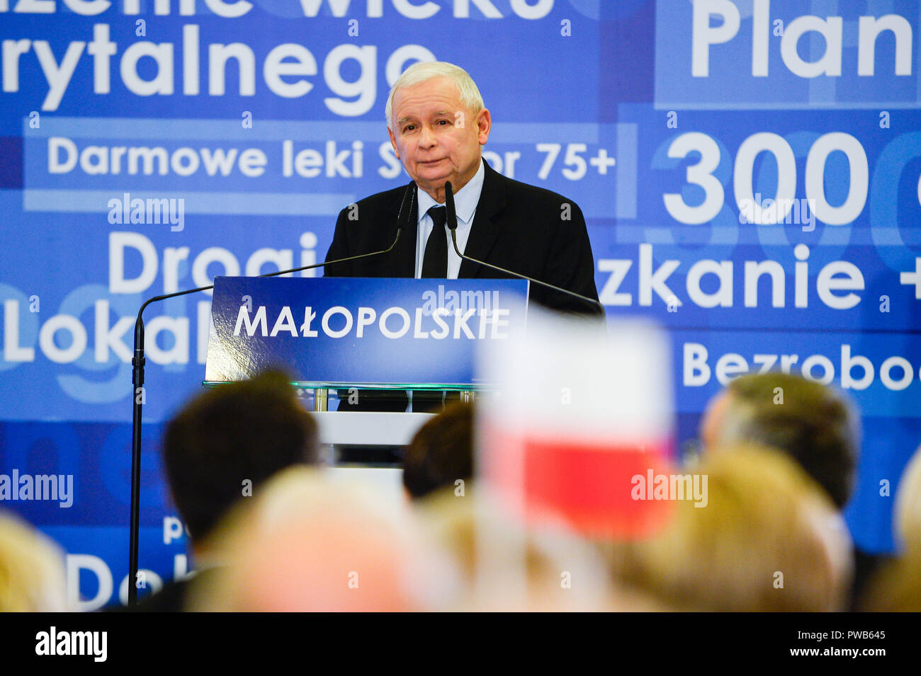 Krakow, Poland. 14th Oct, 2018.  The leader of the Law and Justice party and the most powerful politician in Poland, Jaroslaw Kaczynski speaks during the Law and Justice Convention in Krakow ahead of the local elections at Holiday Inn Hotel. Credit: Omar Marques/SOPA Images/ZUMA Wire/Alamy Live News Credit: ZUMA Press, Inc./Alamy Live News Stock Photo