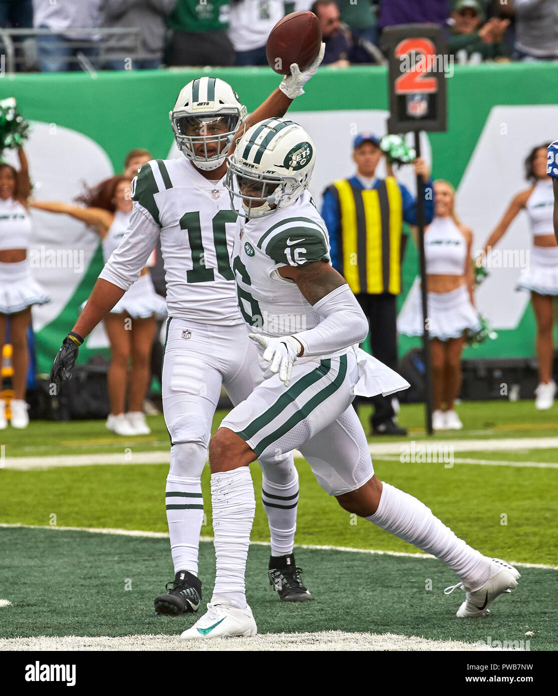 East Rutherford, New Jersey, USA. 14th Oct, 2018. New York Jets wide  receiver Terrelle Pryor (16) spikes the ball in the end zone after scoring  a touchdown during a NFL game between
