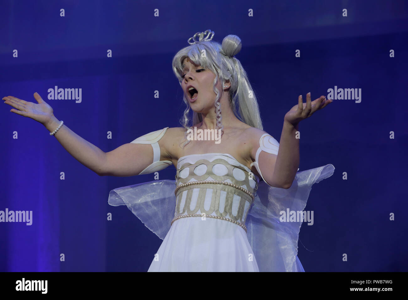 Frankfurt, Germany. 14th October 2018. A participant performs on stage as  Neo Queen Serenity from the anime series Sailor Moon Crystal. The 12.  German Cosplay Championship was held as part of the