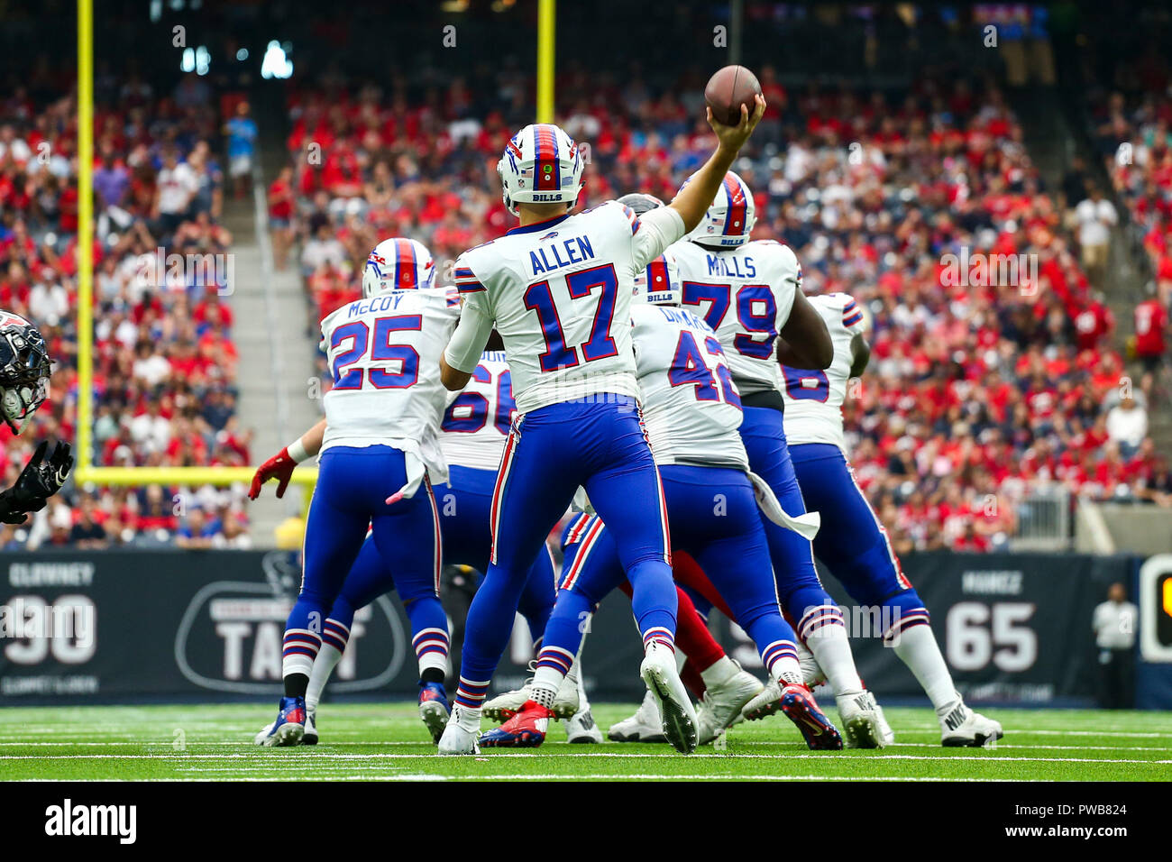 Houston, TX, USA. 14th Oct, 2018. Buffalo Bills quarterback Josh Allen (17) drops back to pass during the third quarter against the Houston Texans at NRG Stadium in Houston, TX. John Glaser/CSM/Alamy