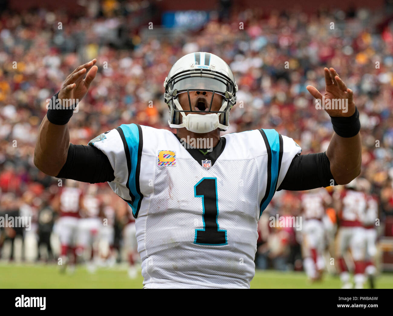 Carolina Panthers quarterback Cam Newton (1) during the team entrance  during the NFL football game between the New Orleans Saints and the  Carolina Panthers on Sunday September 24, 2017 in Charlotte, NC.