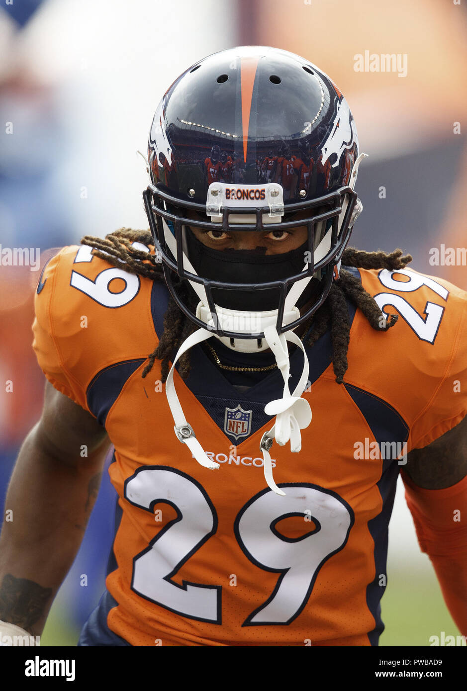 Denver, Colorado, USA. 14th Oct, 2018. Broncos CB BRADLEY ROBY comes on to the field at the start of player introductions before the start of the 1st. Half at Broncos Stadium at Mile High Sunday afternoon. The Rams beat the Broncos 23-20. Credit: Hector Acevedo/ZUMA Wire/Alamy Live News Stock Photo