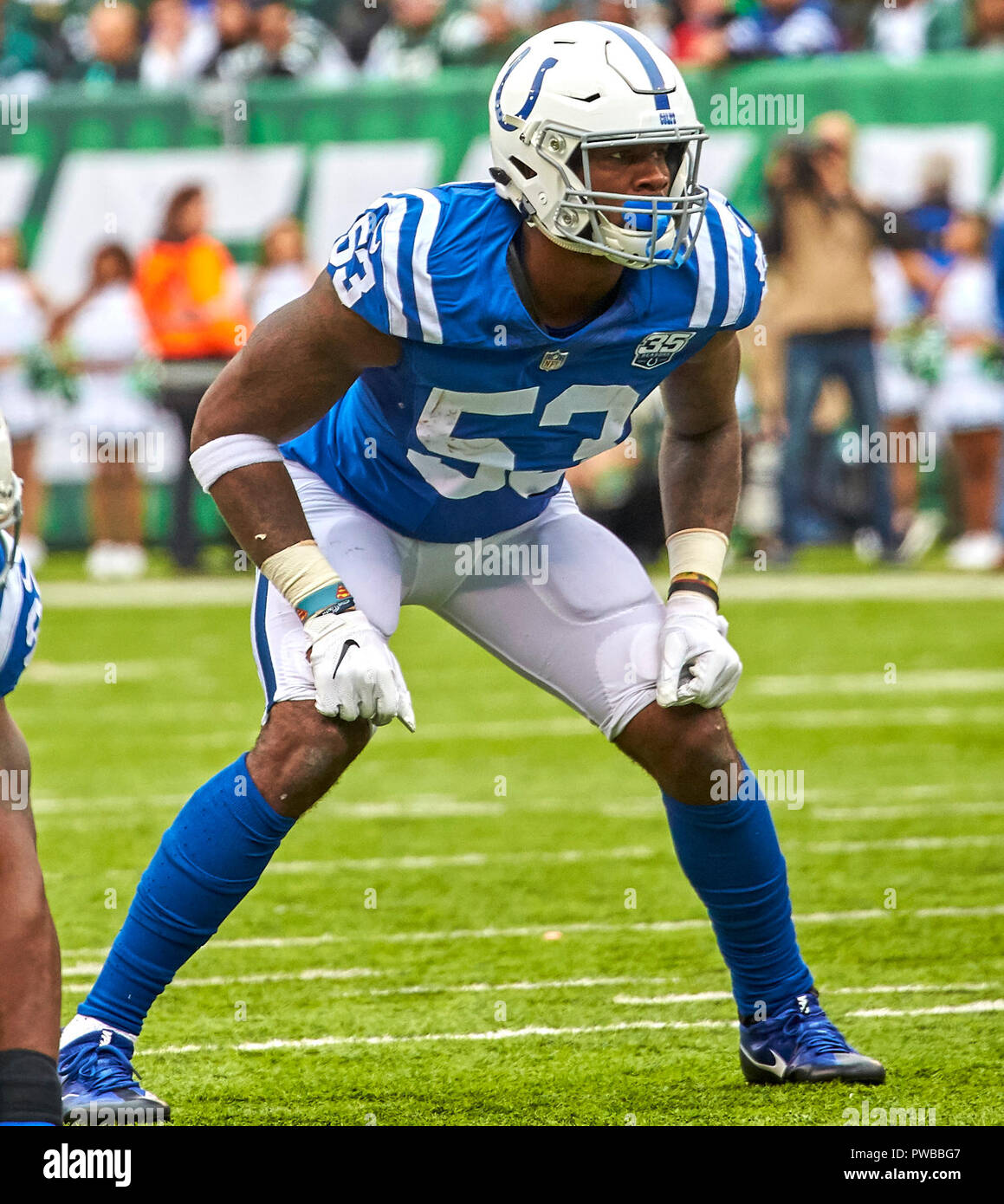 East Rutherford, New Jersey, USA. 14th Oct, 2018. Indianapolis Colts  linebacker Darius Leonard (53) during a NFL game between the Indianapolis  Colts and the New York Jets at MetLife Stadium in East