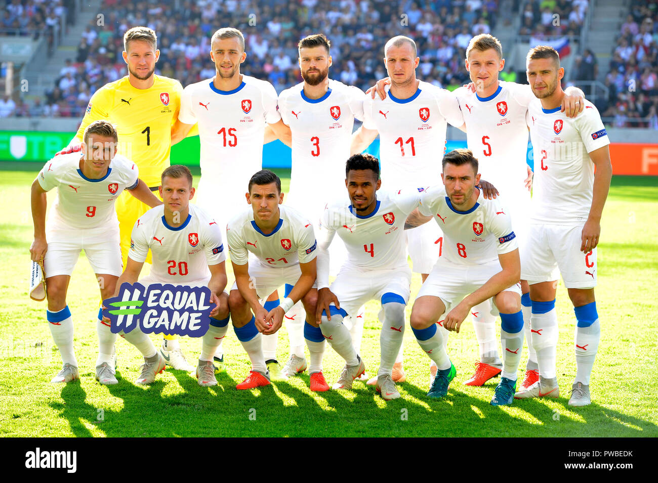 Trnava, Slovakia. 13th Oct, 2018. Soccer players of Czech Republic pose for  photographers prior to the Nations League match B1 Czech Republic vs.  Slovakia in Trnava, Slovensko, October 13, 2018. Credit: Vaclav