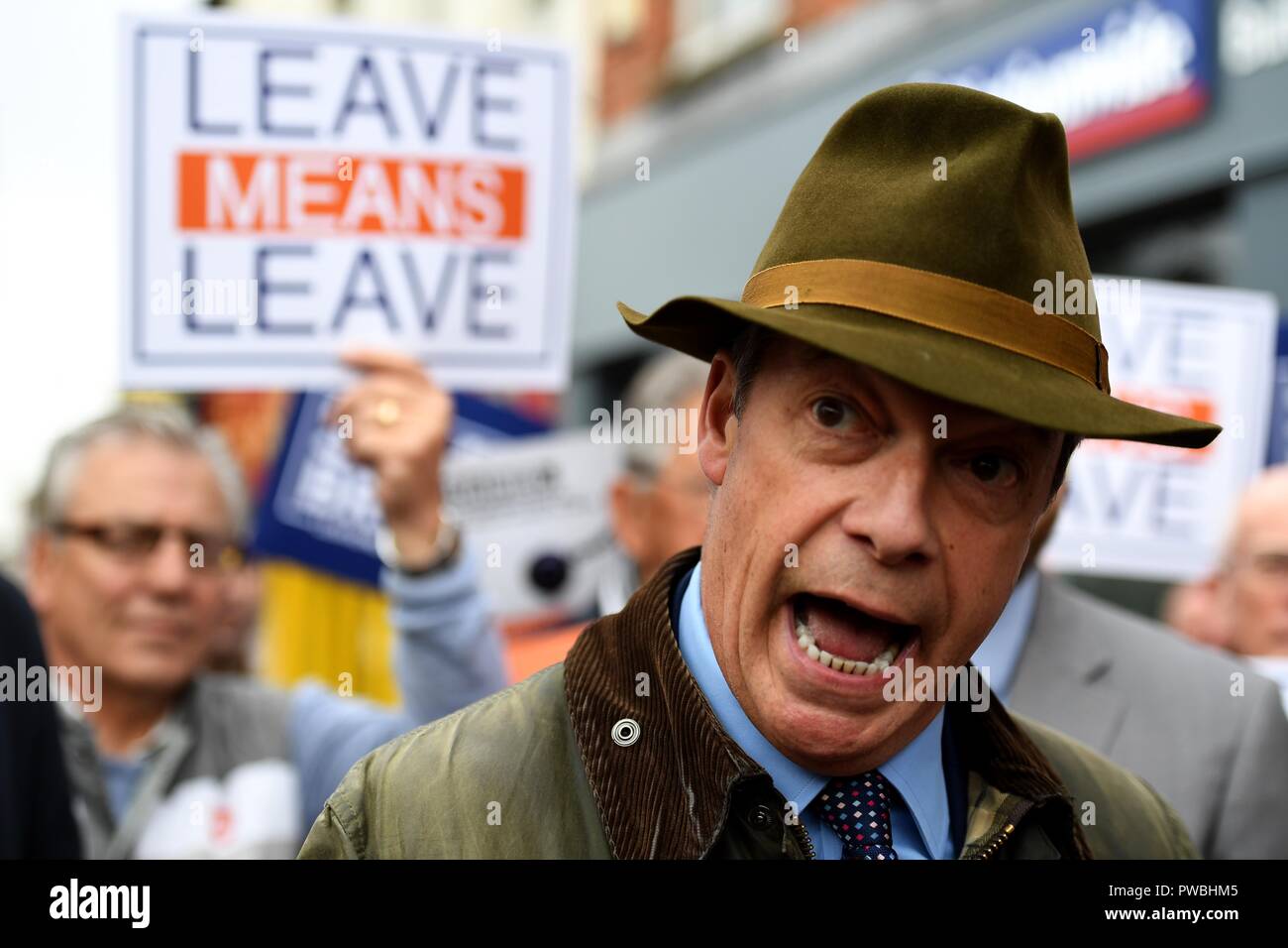 Bournemouth, UK. 15th Oct 2018. Nigel Farage MEP visits Bournemouth's Christchurch Market during the Leave Means Leave Brexit tour, UK Credit: Finnbarr Webster/Alamy Live News Stock Photo