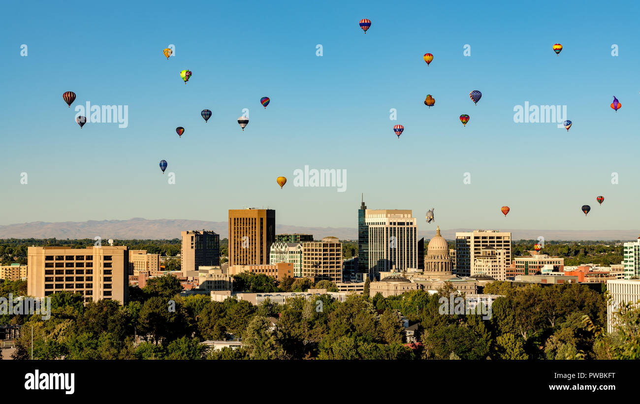 Boise Idaho skyline in summer with a balloon festival floating by Stock ...