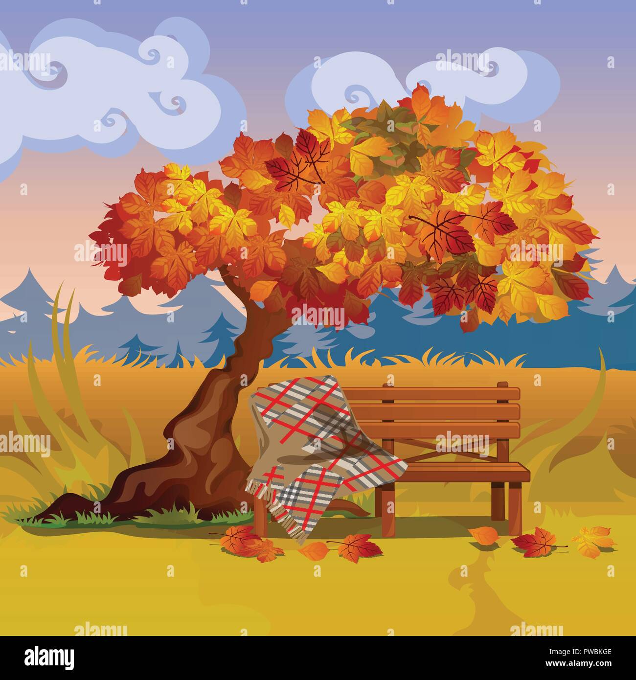 A Wooden Bench With A Plaid Blanket Under The Autumn Tree Vector Cartoon Close Up Illustration Stock Vector Image Art Alamy