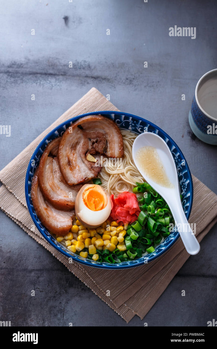 Japanese tonkotsu ramen, pork bone broth noodles, copy space Stock
