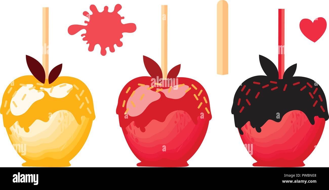 Set Red and orange Apple with chocolate Sweet candy on sticks. Autumn