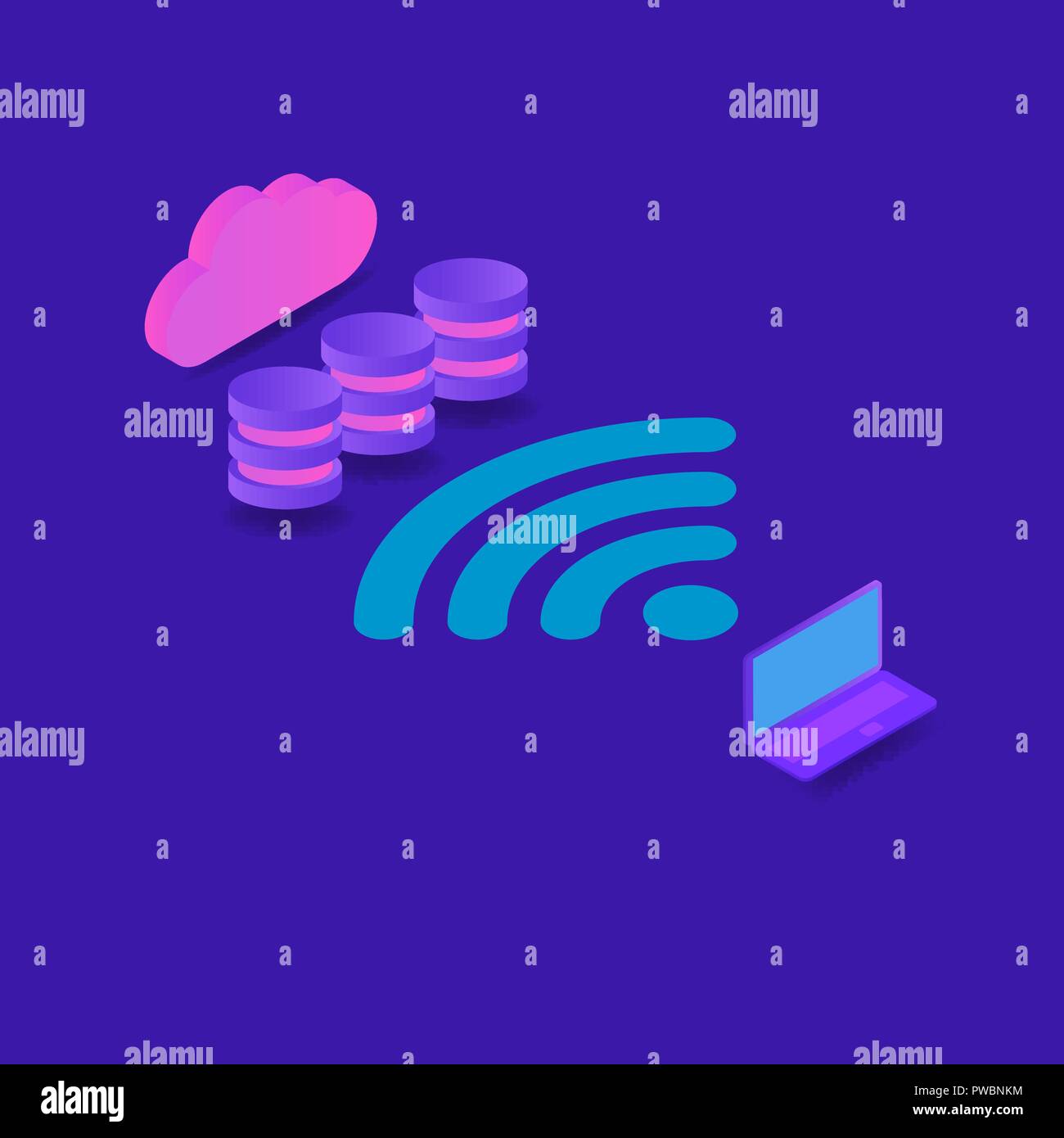 Connecting a computer using the Internet to the database of information. Isometric vector illustration. Stock Vector