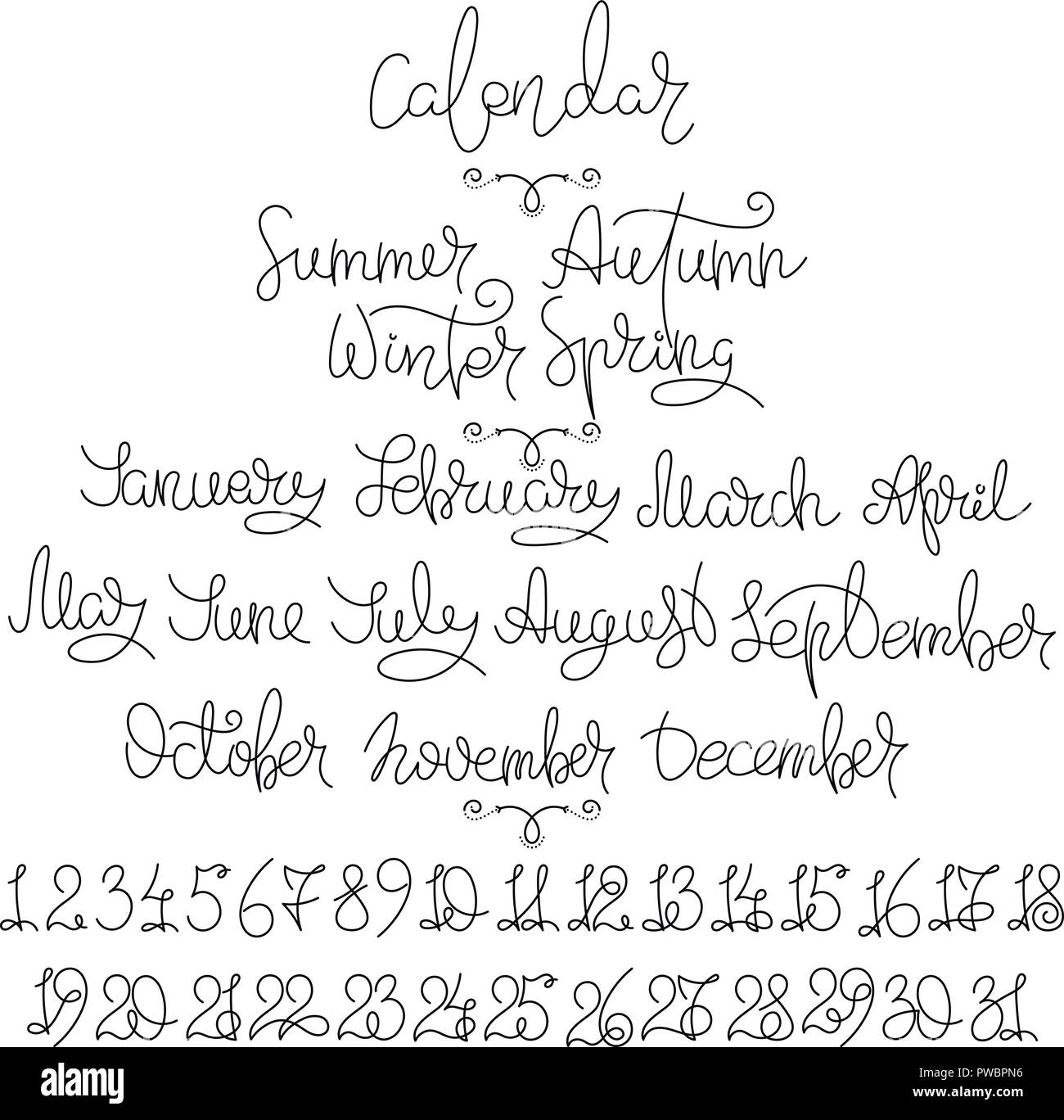 Calendar collection of months and numbers for all year, week, seasons