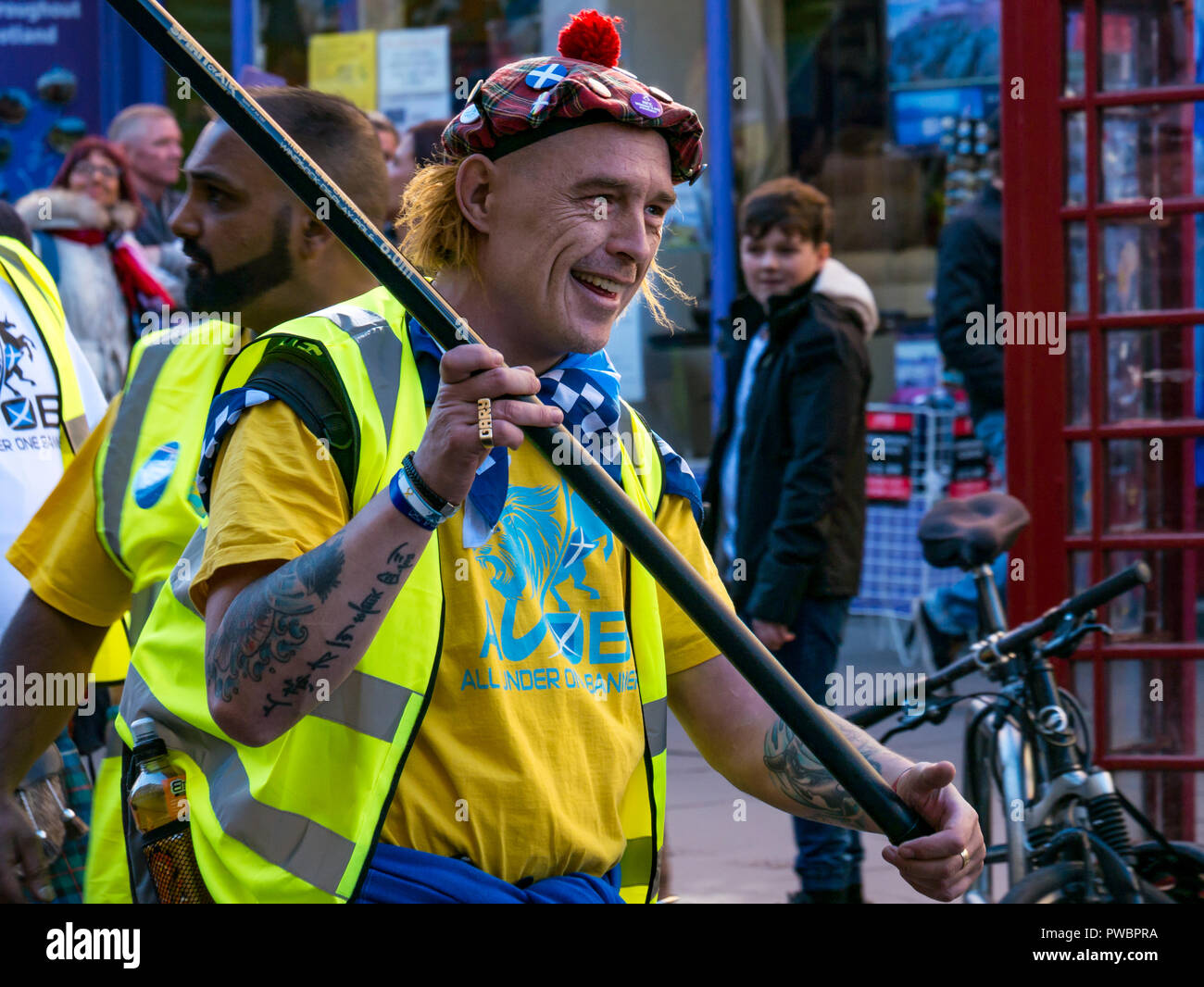 Gary J Kelly in see you Jimmy hat, organiser and leader of  All Under One Banner Scottish Independence march 2018, Royal Mile, Edinburgh, Scotland, UK Stock Photo