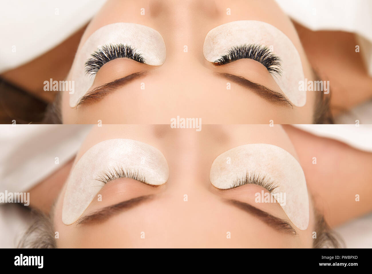 Eyelash Extension. Comparison of female eyes before and after Stock