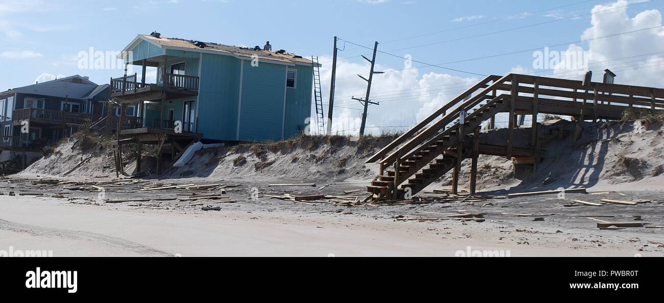 Damage to beachfront homes in the aftermath of Hurricane Florence September 24, 2018 in Topsail Beach, North Carolina. Stock Photo